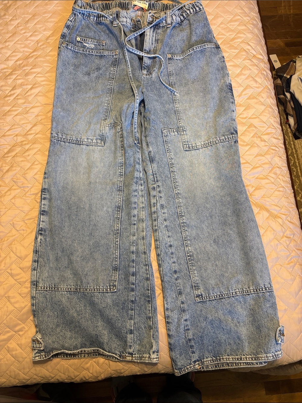 Free People Light Wash Wide Leg Denim Jeans with Patch Pockets